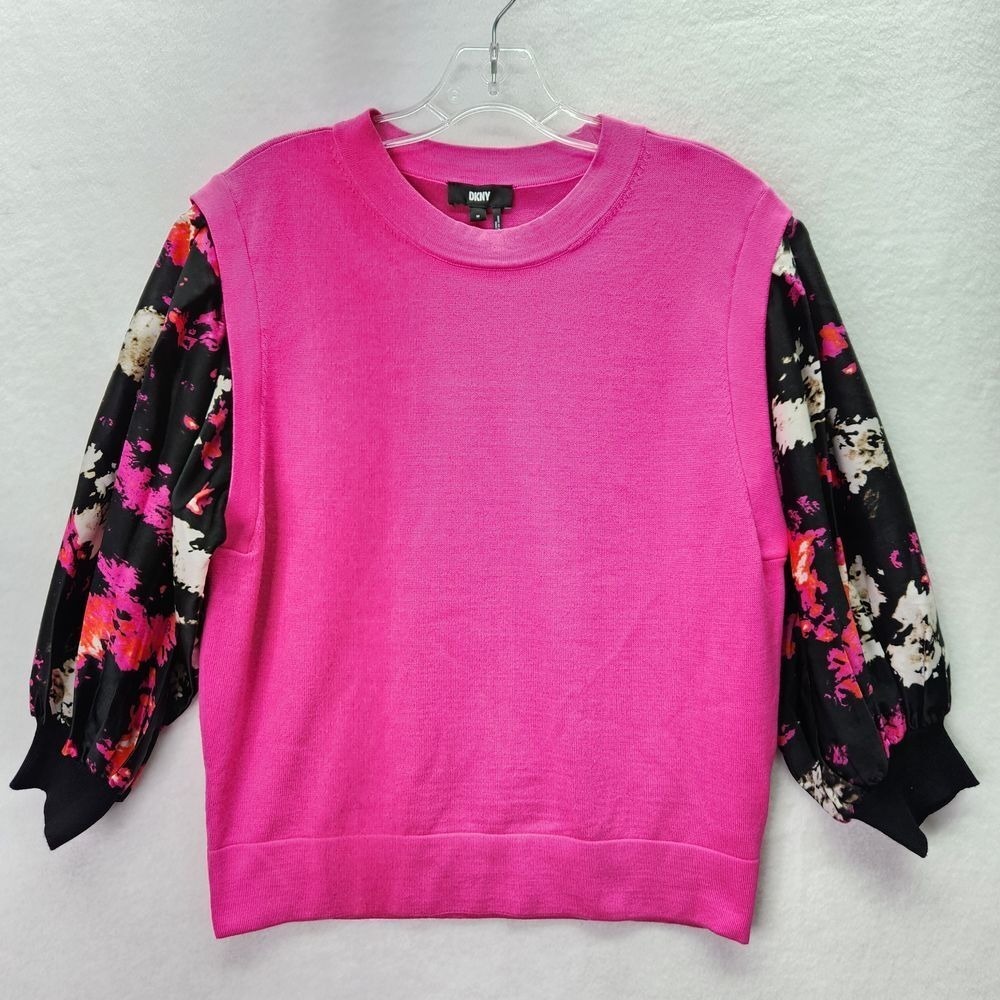 DKNY  Sweater Womens M Shocking Pink Puff Satin Floral 3/4 Sleeve Office Work‎